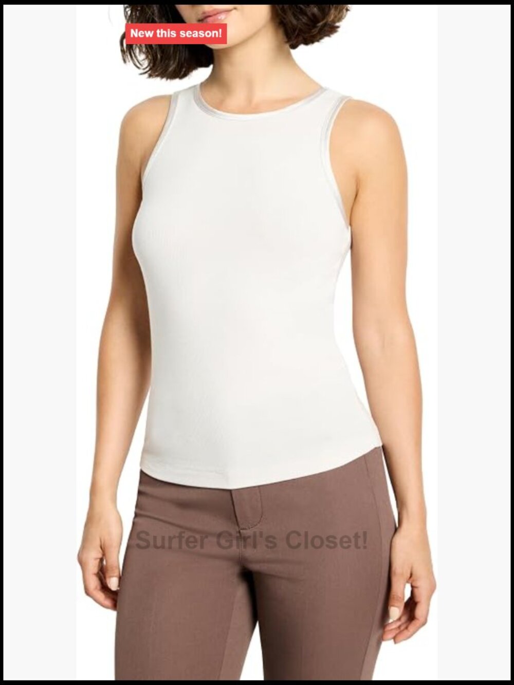 Ribbed Knit Tank Top with Woven Trim - Cotton Modal Blend Sleeveless